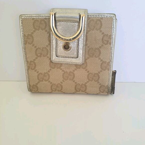 GUCCI D-Ring Abbey Card Wallet Small Monogram Bifold Metalic Beige Fair Vintage - Picture 1 of 10